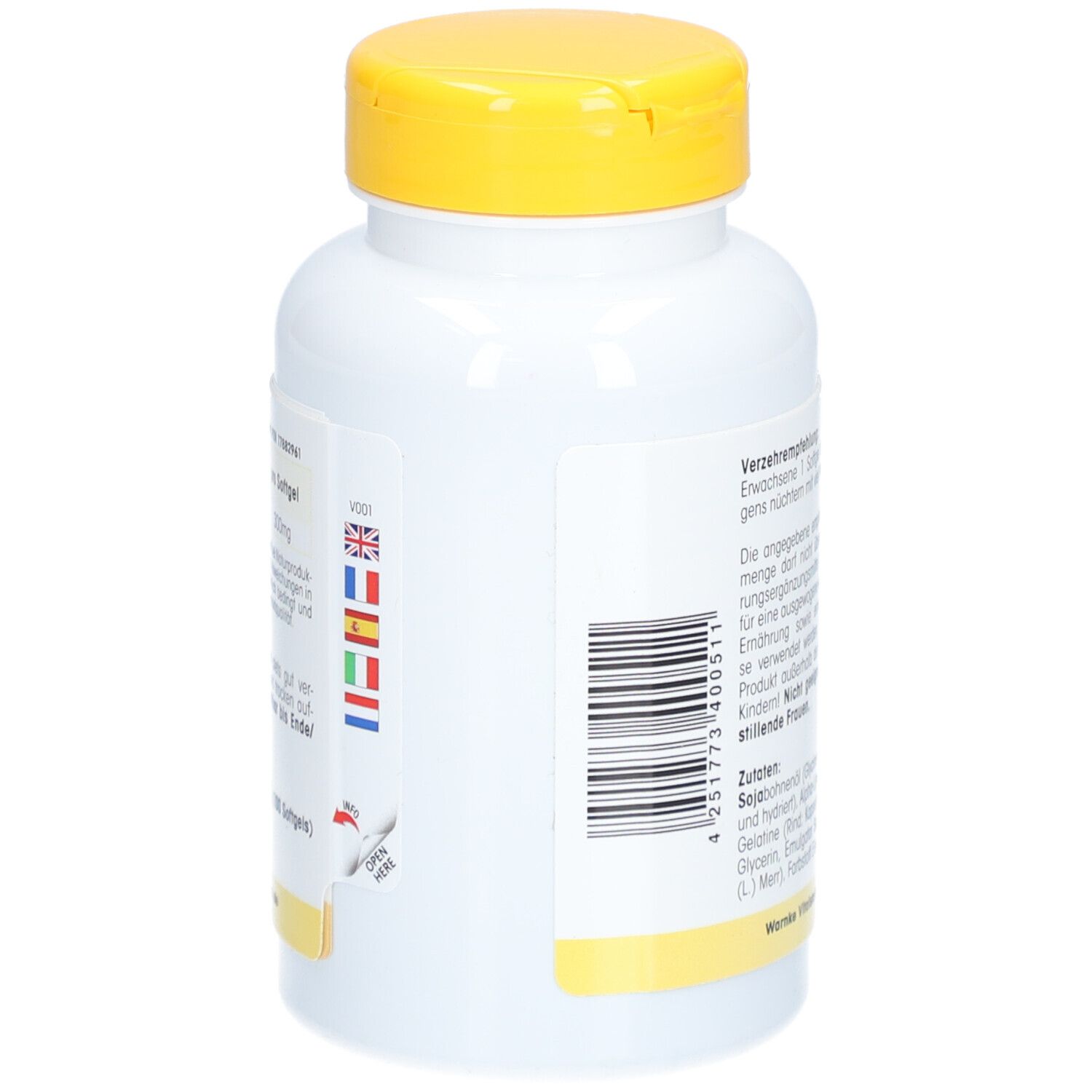 Flacon avec bouchon jaune. Code-barres et informations multilingues. Instructions d'ouverture.