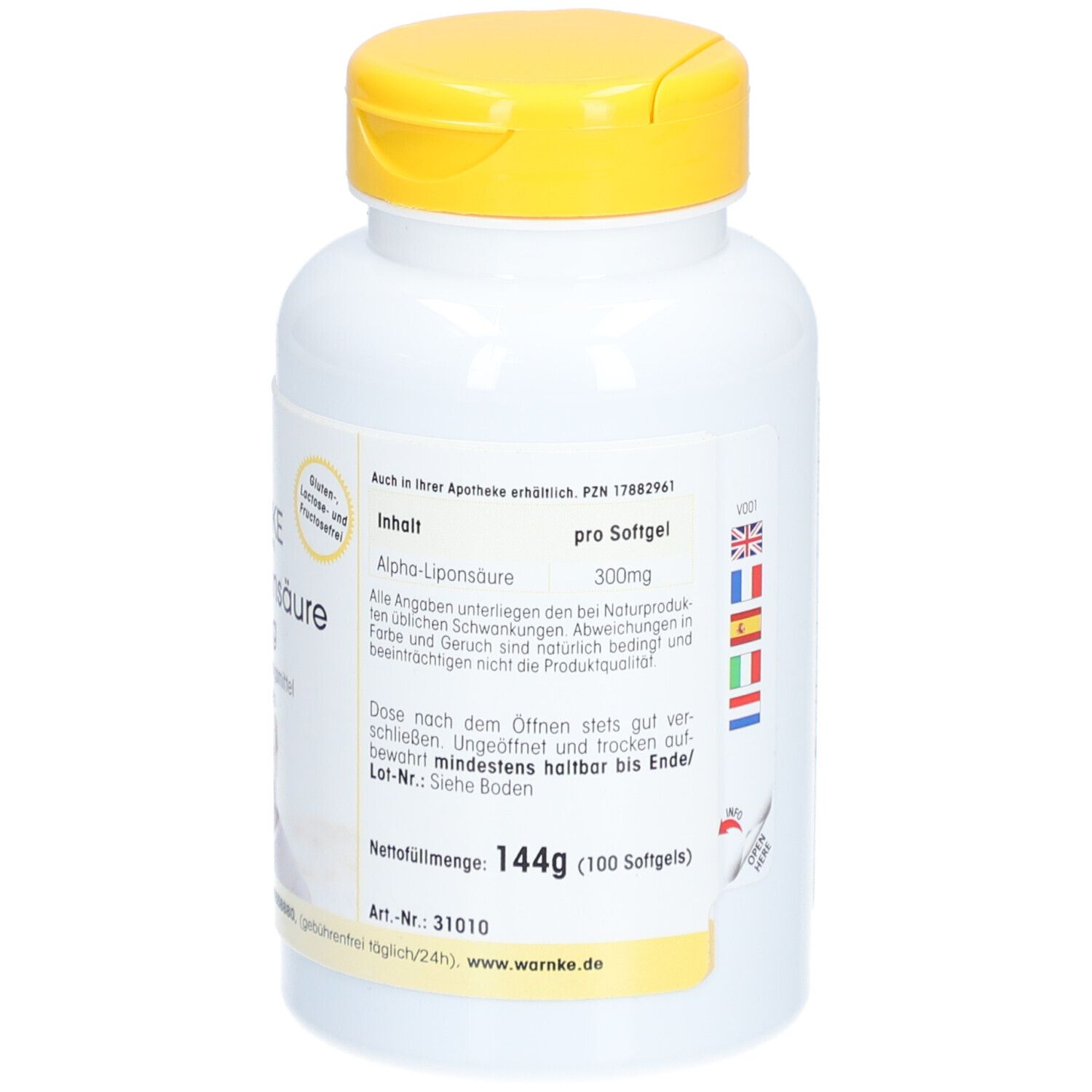 Dos du flacon. Informations sur le contenu, la durabilité et les ingrédients. Informations multilingues.