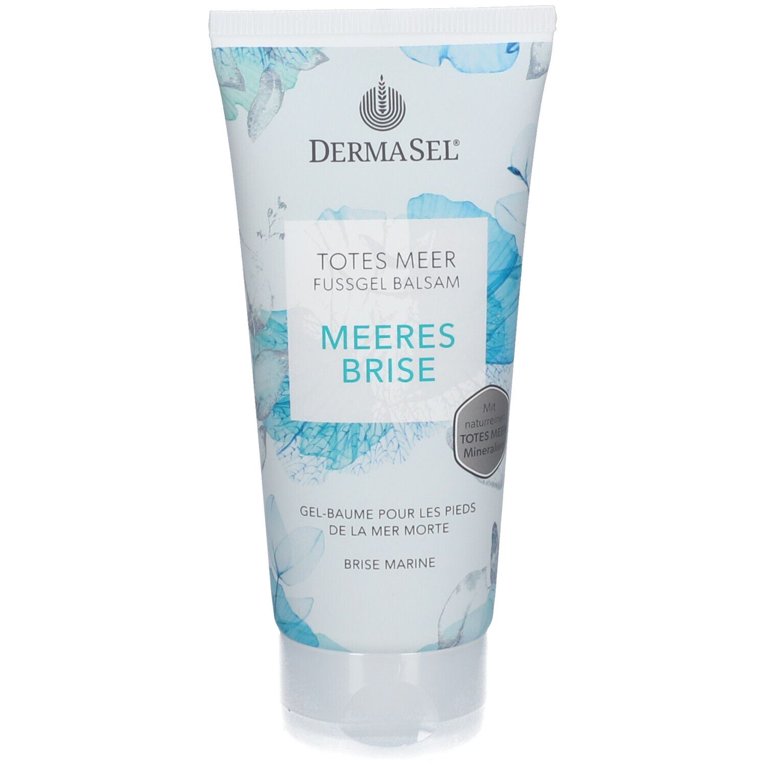Tube blanche avec motif floral bleu. Inscription: DERMASEL, TOTES MEER FUSSGEL BALSAM, MEERES BRISE. Sceau: Minéraux de la Mer Morte.