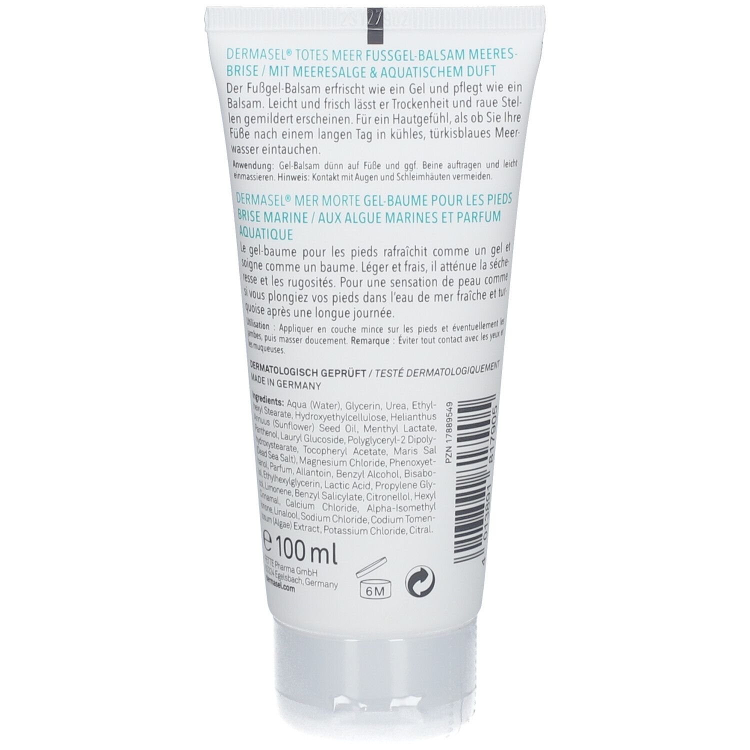 Dos du tube. Texte en allemand et français. Ingrédients et informations fabricant. Sceau: Testé dermatologiquement.