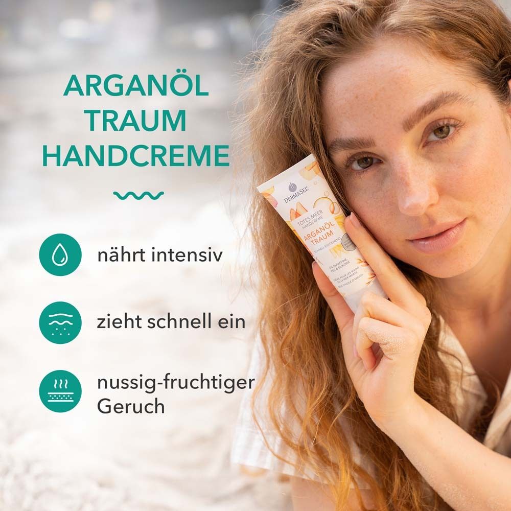 Vrouw houdt tube vast. Tekst: Arganöl Traum Handcreme. Iconen: voedt intensief, trekt snel in, nootachtig-fruitige geur.