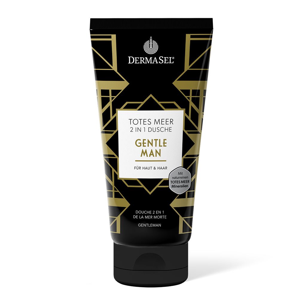 Zwarte tube met gouden patroon en productnaam. "DERMASEL" logo bovenaan. Tekst: "Totes Meer 2 in 1 Dusche Gentleman".