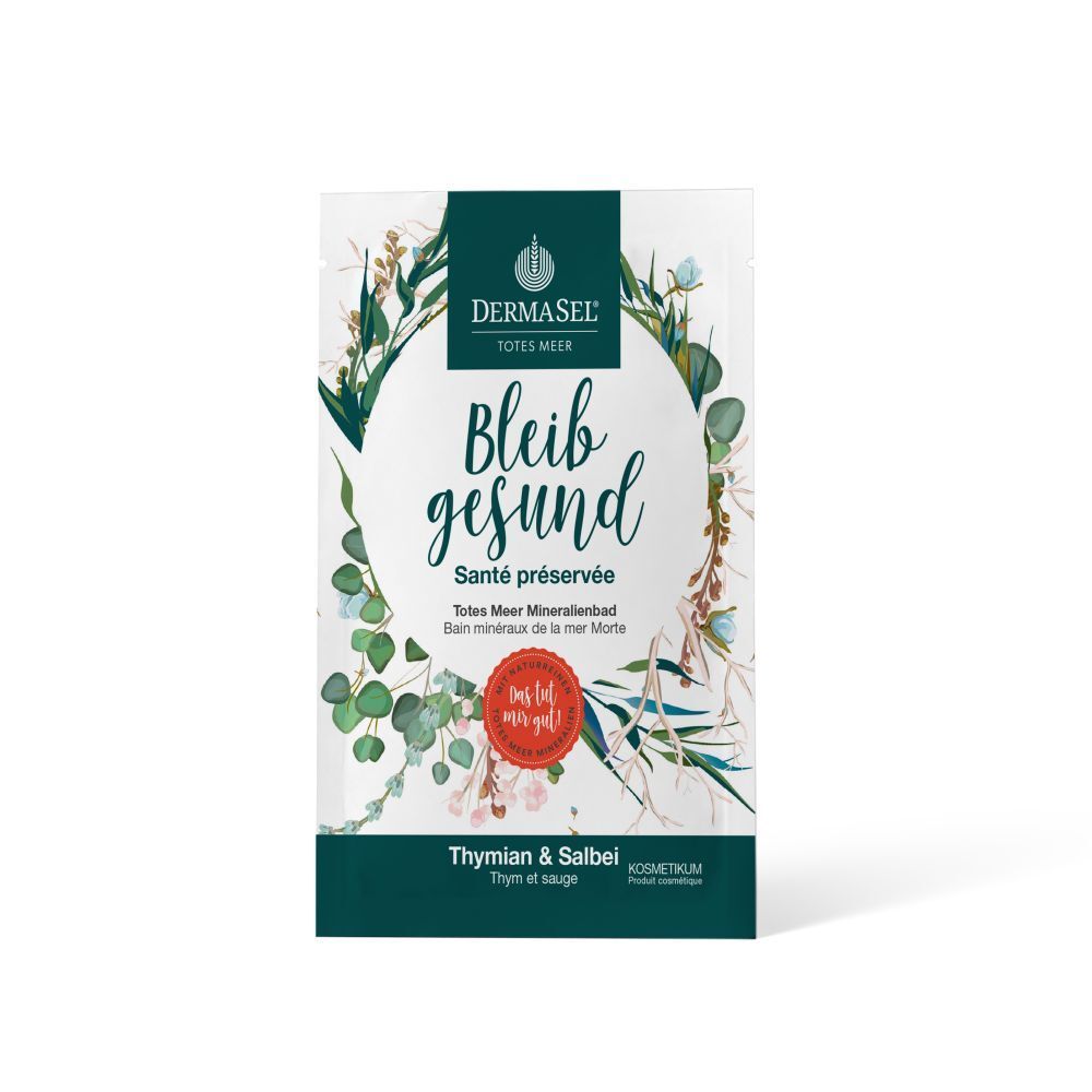 Zakje badzout. Voorkant met logo, productnaam "Bleib gesund" en bloemmotief. Tekst: Tijm & Salie.