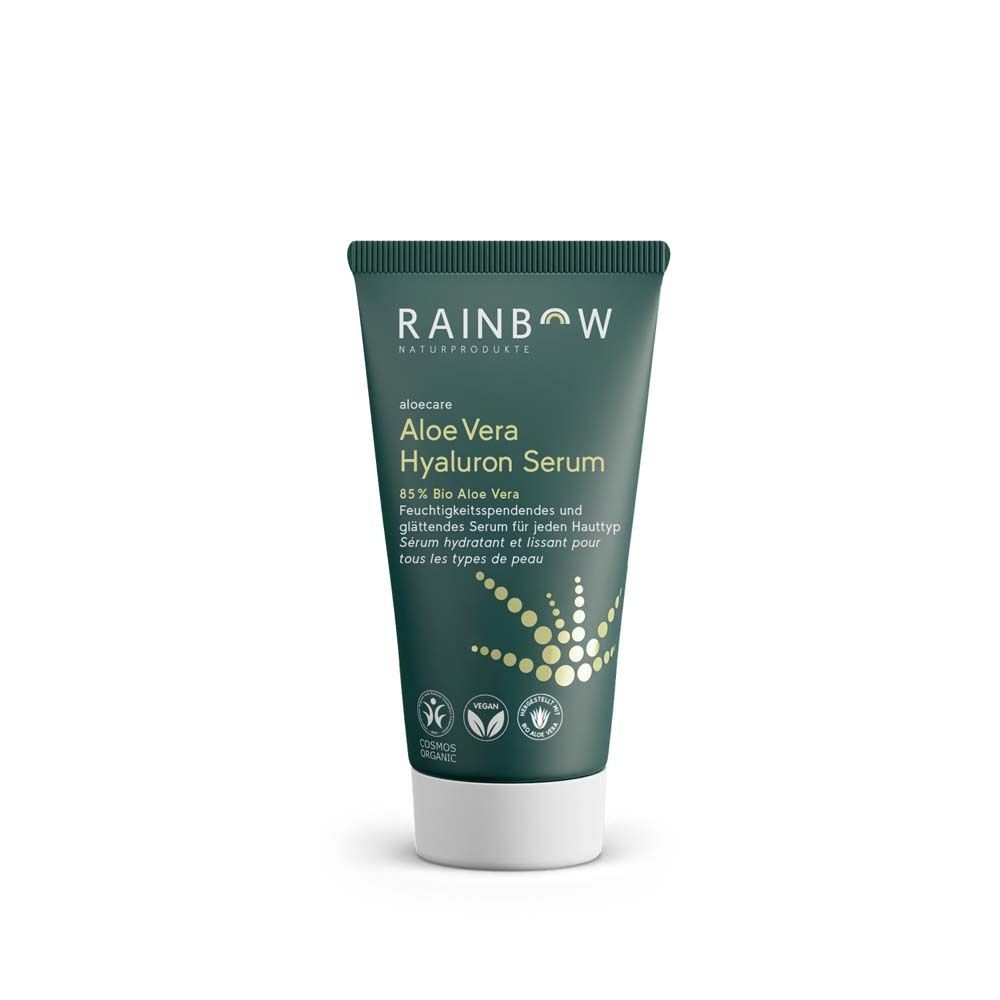 Groene tube met witte dop. Opschrift: Rainbow Naturprodukte, Aloe Vera Hyaluron Serum. Vegan- en bio-keurmerk.
