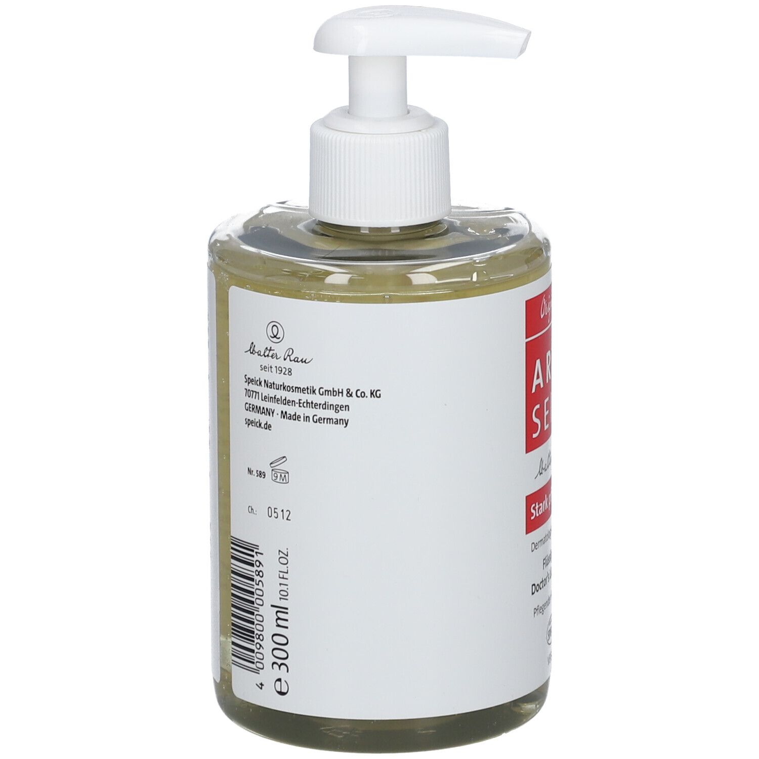 Bouteille avec distributeur à pompe blanc, remplie de liquide jaunâtre. Étiquette avec informations produit et code-barres.