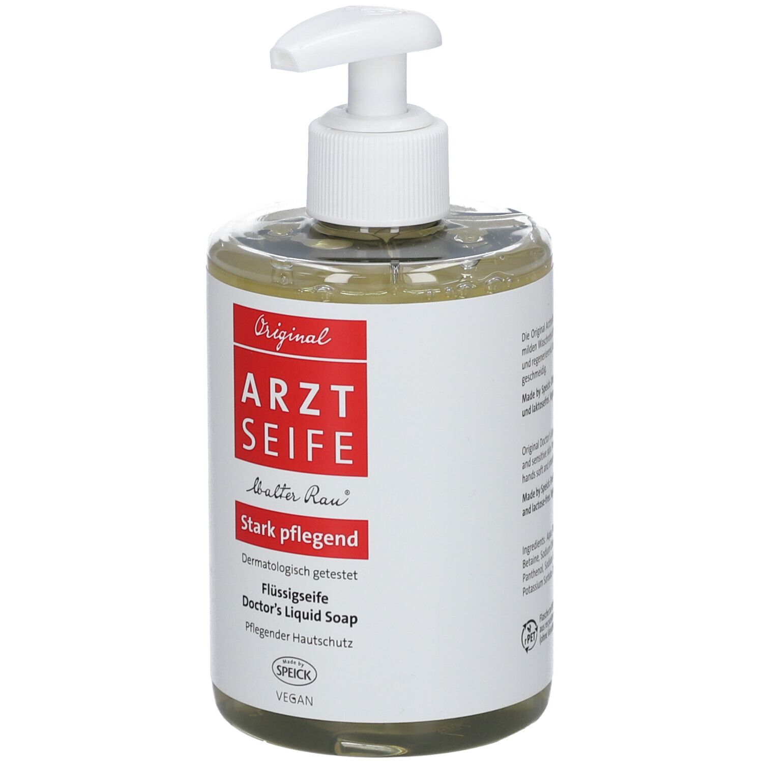 Savon liquide dans un flacon distributeur transparent avec pompe blanche. Étiquette rouge avec "ARZT SEIFE".