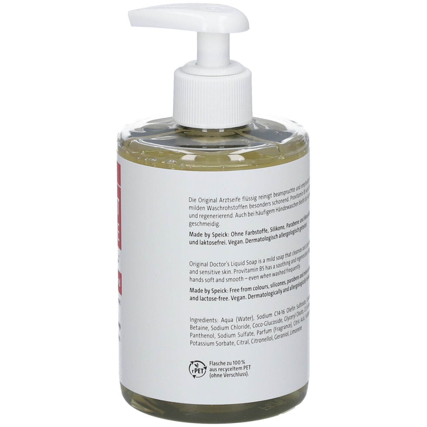 Savon liquide transparent dans un flacon pompe transparent avec tête de pompe blanche.
