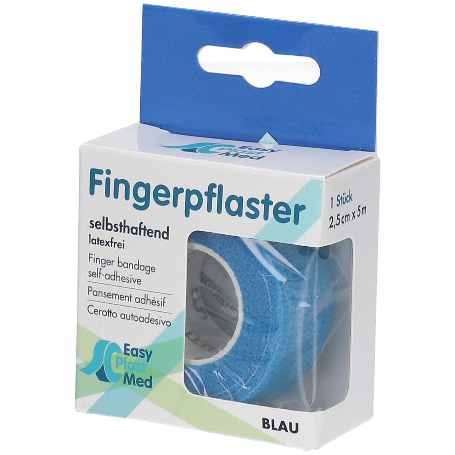 Pansement adhésif bleu pour doigts, 2,5 cm x 5 m, dans son emballage. Marque Easy Plast Med.