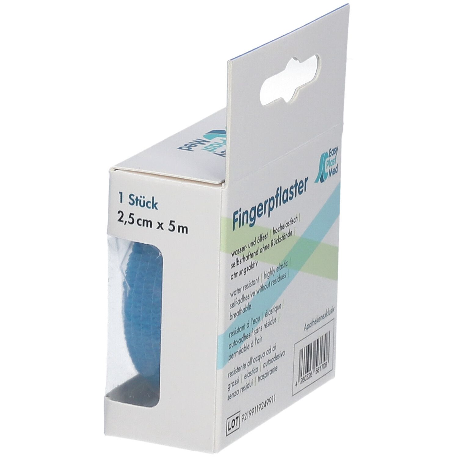 Emballage de pansement adhésif bleu pour doigts, 2,5 cm x 5 m. Marque Easy Plast Med.