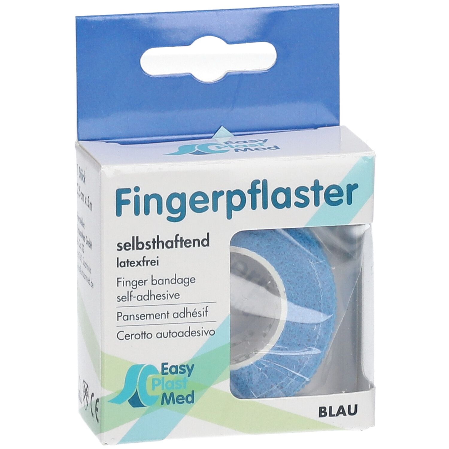 Emballage de pansement adhésif bleu pour doigts. Auto-adhésif. Marque Easy Plast Med.