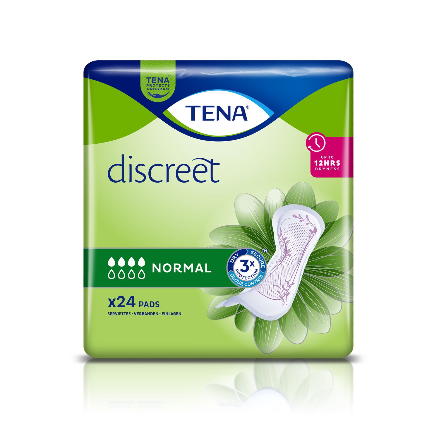 TENA discreet Normal, verpakking met 24 stuks. Groen-witte verpakking met productafbeelding en logo.