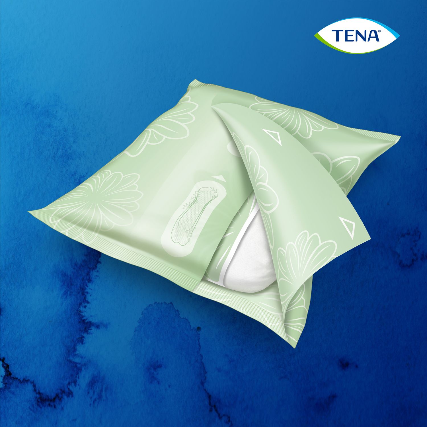 Open groene verpakking met een TENA discreet Normal product. Wit product zichtbaar.