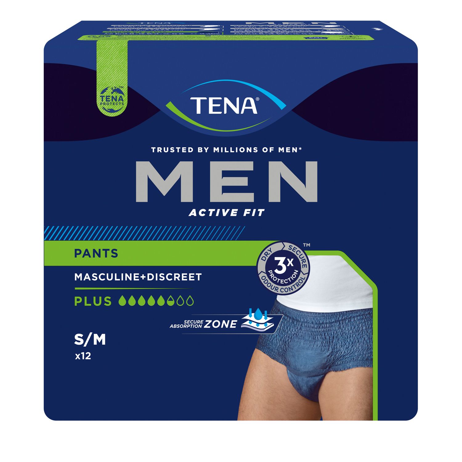 Blauw-witte verpakking TENA Men Active Fit Pants Plus. S/M, 12 stuks. Logo, productnaam en kenmerken.