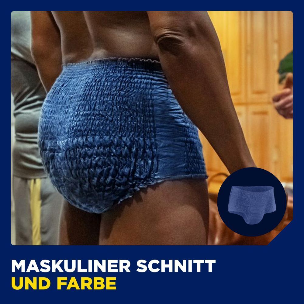 Man draagt blauwe TENA Men Pants. Mannelijke snit en kleur. Productillustratie in cirkel.