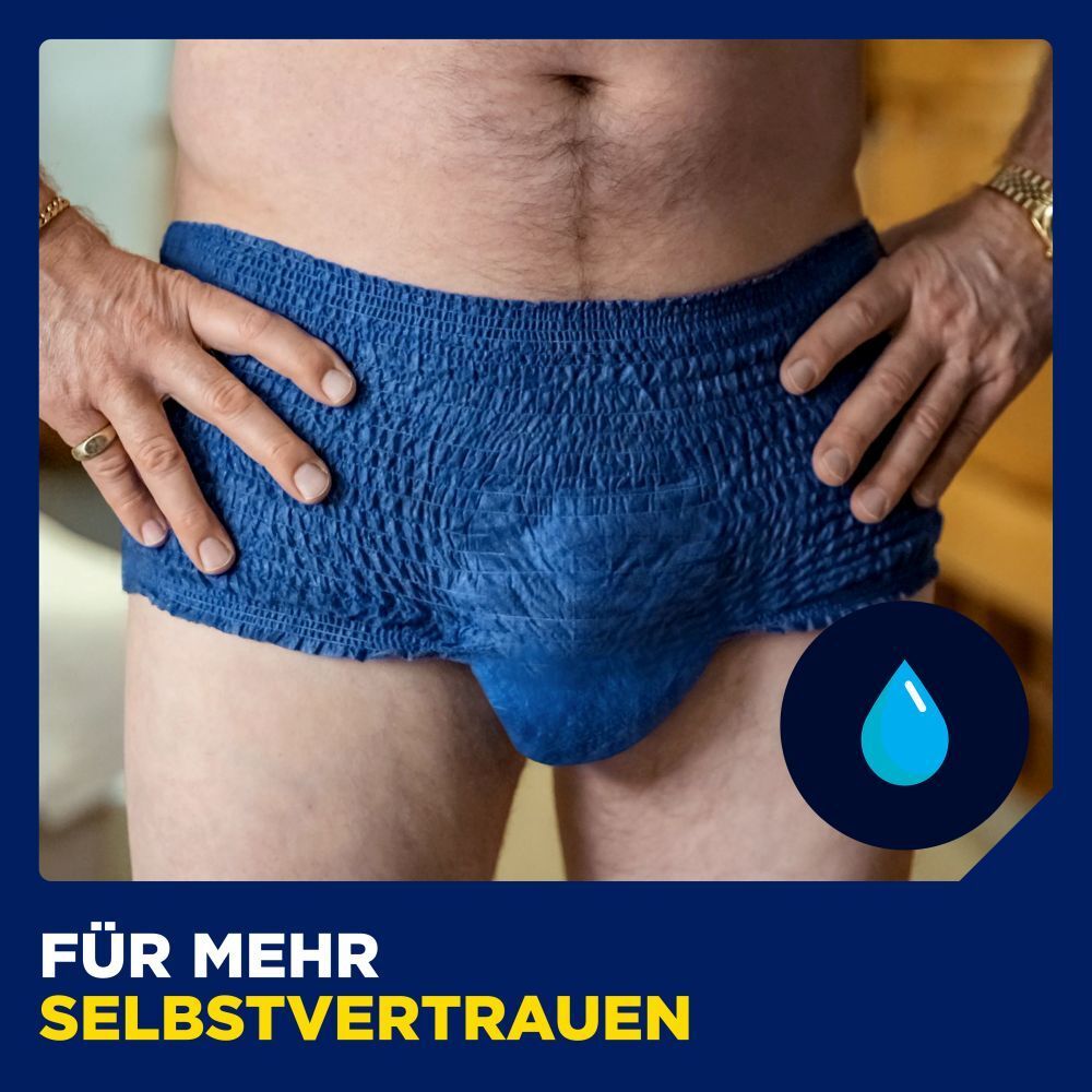 Man draagt blauwe TENA Men Pants. Illustratie met waterdruppel. Voor meer zelfvertrouwen.