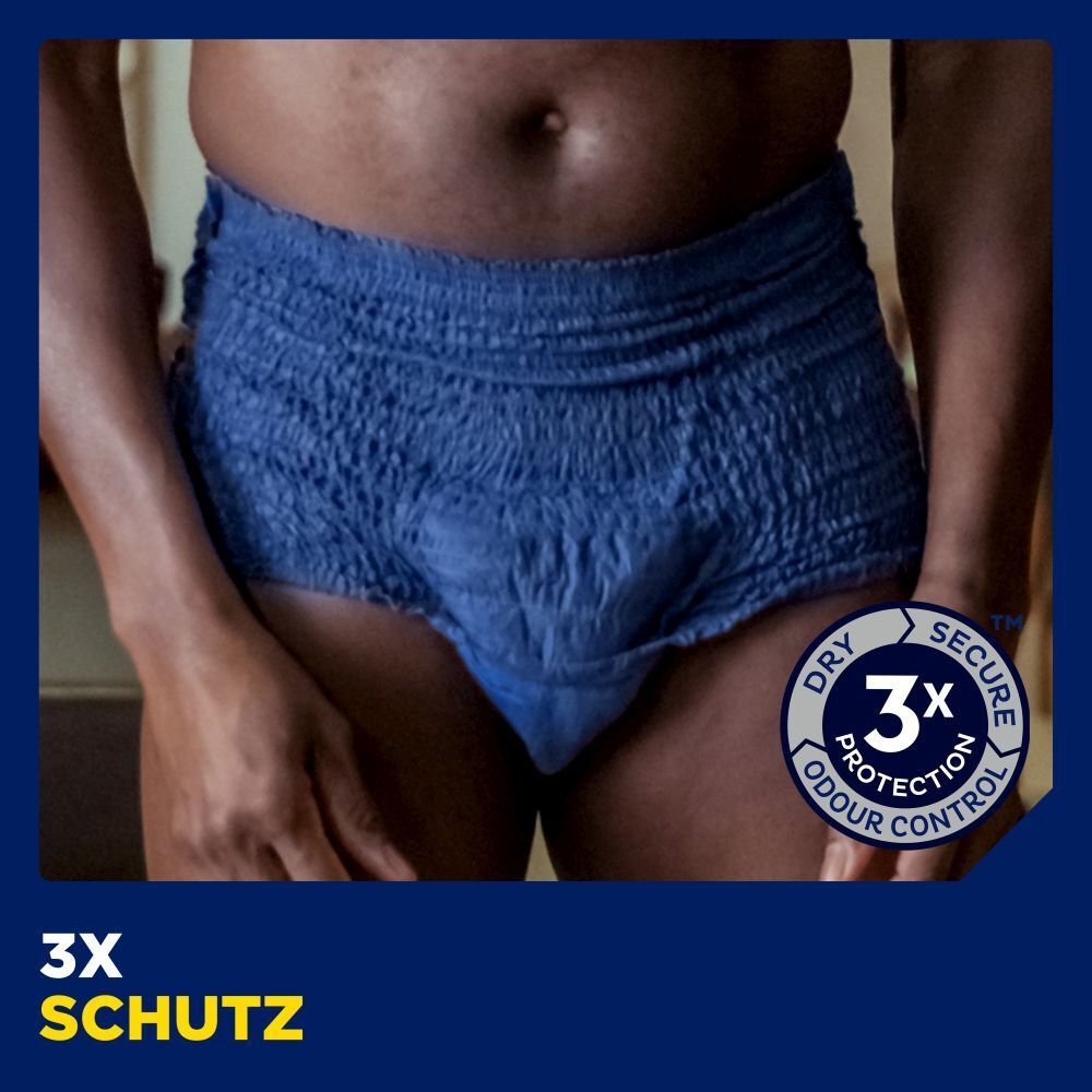 Man draagt blauwe TENA Men Pants. 3X Bescherming-symbool. Productillustratie met symbool.