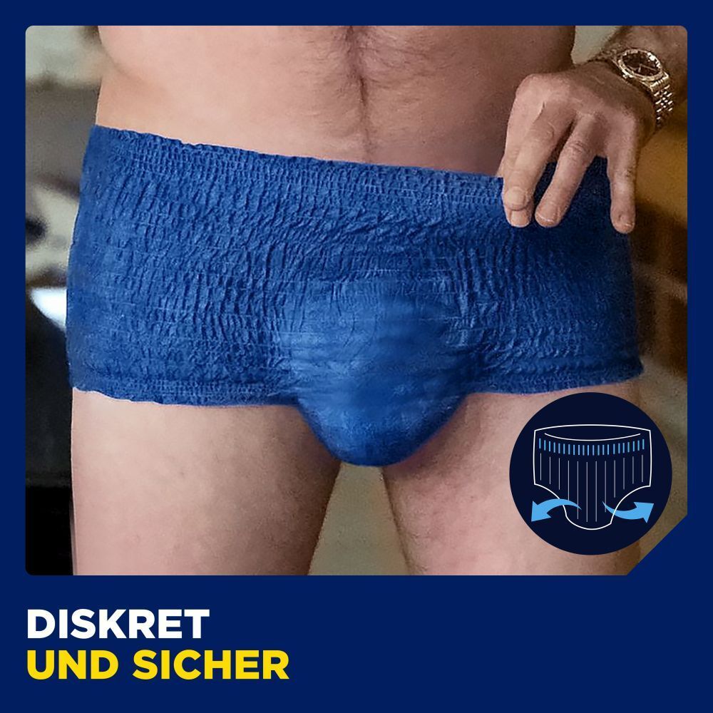 Man draagt blauwe TENA Men Pants. Discreet en veilig. Productillustratie met pijlsymbool.
