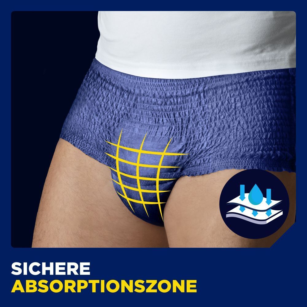 Man draagt blauwe TENA Men Pants. Veilige absorptiezone. Productillustratie met gele raster.