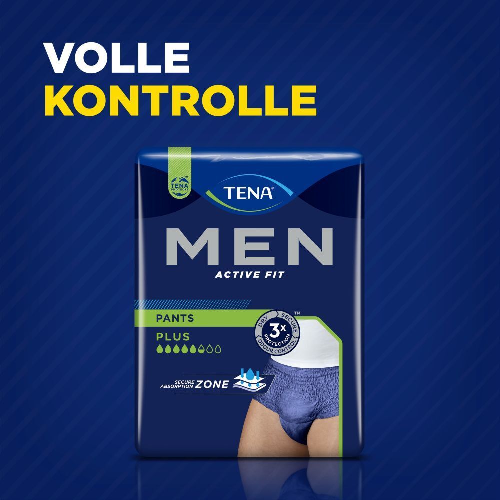Verpakking TENA Men Active Fit Pants Plus. Blauwe verpakking, productnaam, kenmerken en logo.
