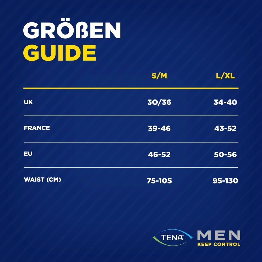 Maattabel voor TENA Men Pants. Maten S/M en L/XL. VK, Frankrijk, EU en tailleomvang.