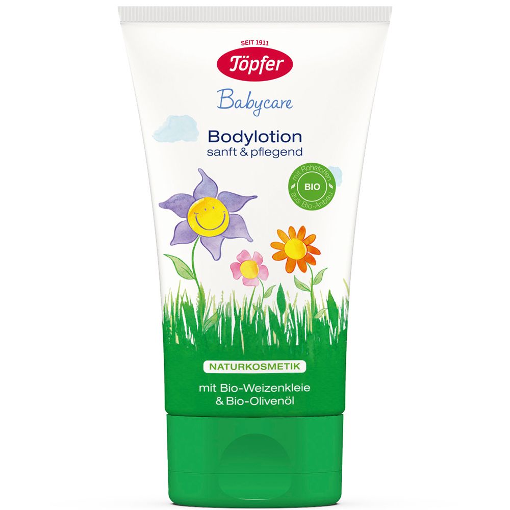 Tube de lotion corporelle Töpfer. Design floral, inscription "Babycare" et "sanft & pflegend". Label bio.