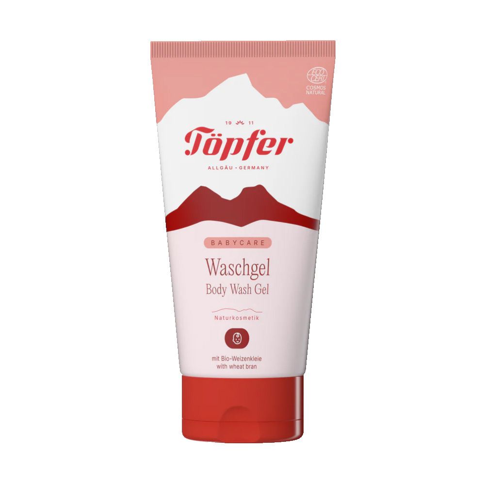 Töpfer Babycare wasgel voor huid en haar in een roze tube met bergmotief en bio-zegel.