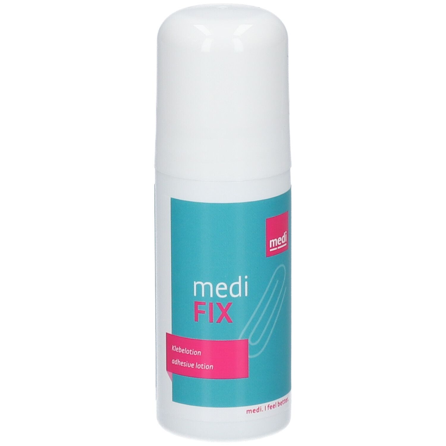 Witte fles met blauw-roze etiket. Opschrift: medi FIX Klebelotion. Met roll-on applicator.
