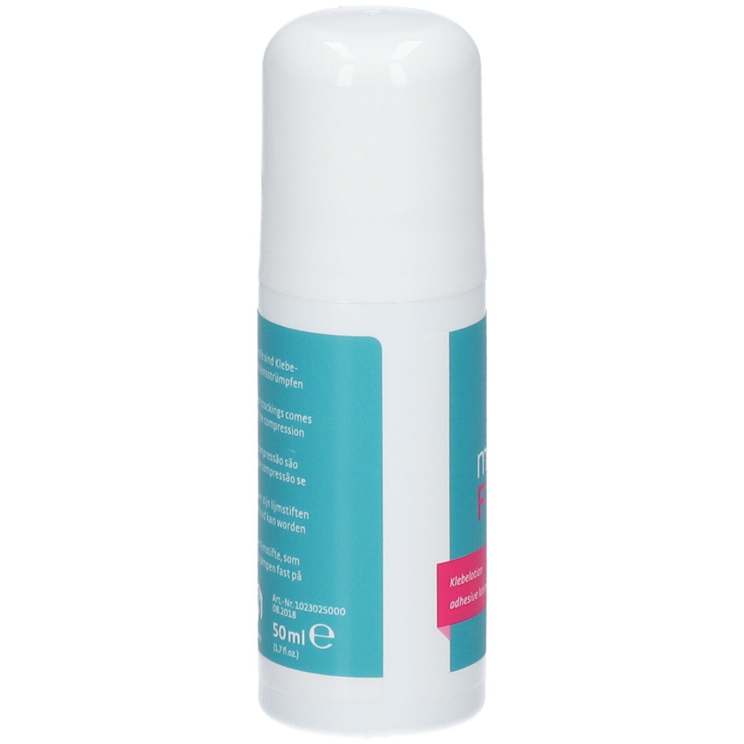 Witte fles met blauw etiket. Meertalige tekst. Opschrift: medi FIX Klebelotion. 50ml.