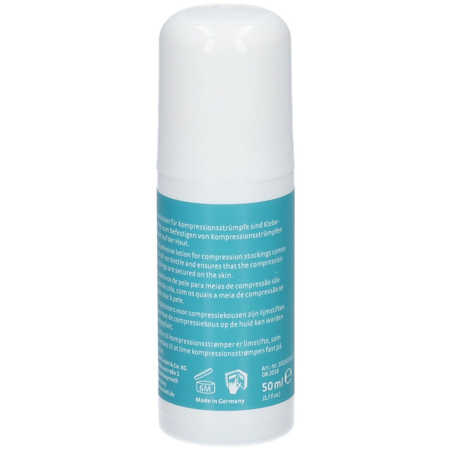 Witte fles met blauw etiket. Meertalige tekst. Opschrift: medi FIX Klebelotion. 50ml.