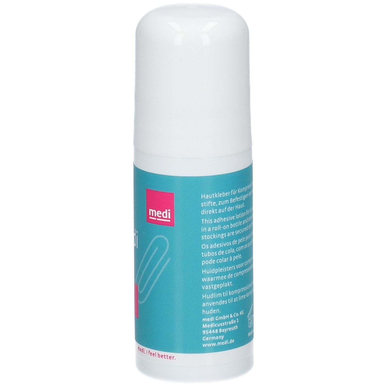 Witte fles met blauw etiket. Meertalige tekst. Opschrift: medi FIX Klebelotion. 50ml.