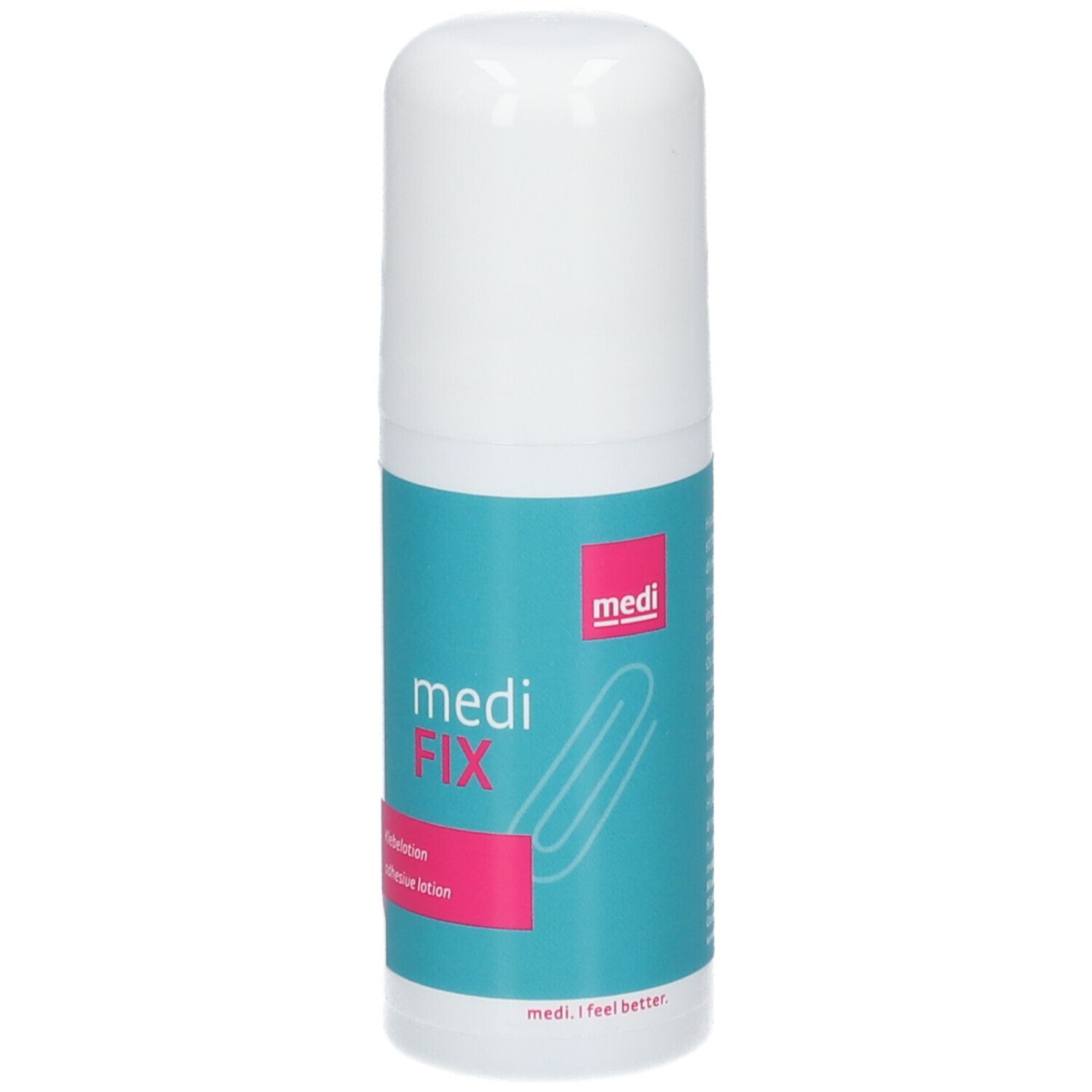 Witte fles met blauw-roze etiket. Opschrift: medi FIX Klebelotion. Met roll-on applicator.