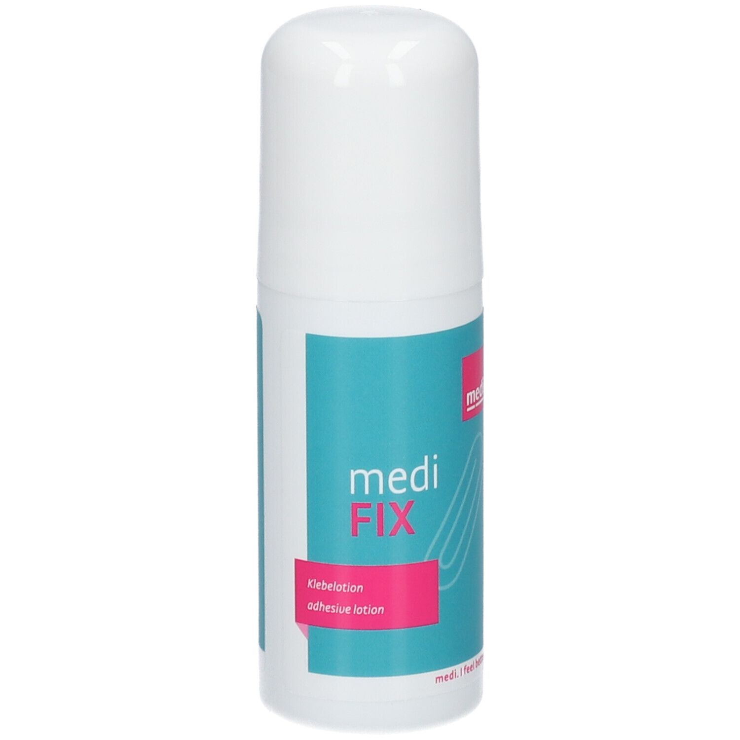Witte fles met blauw-roze etiket. Opschrift: medi FIX Klebelotion. Met roll-on applicator.