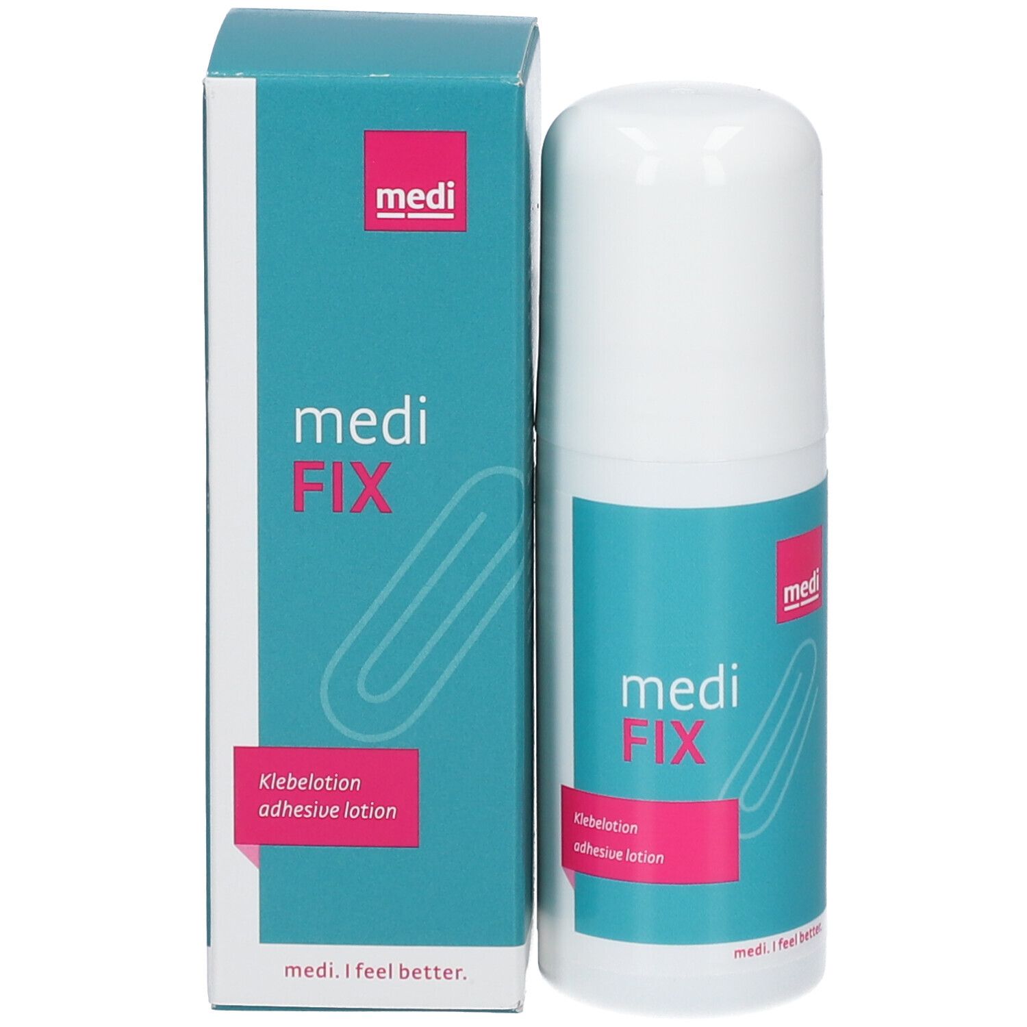 Productverpakking en fles. Opschrift: medi FIX Klebelotion. Met roll-on applicator. Verpakking blauw.