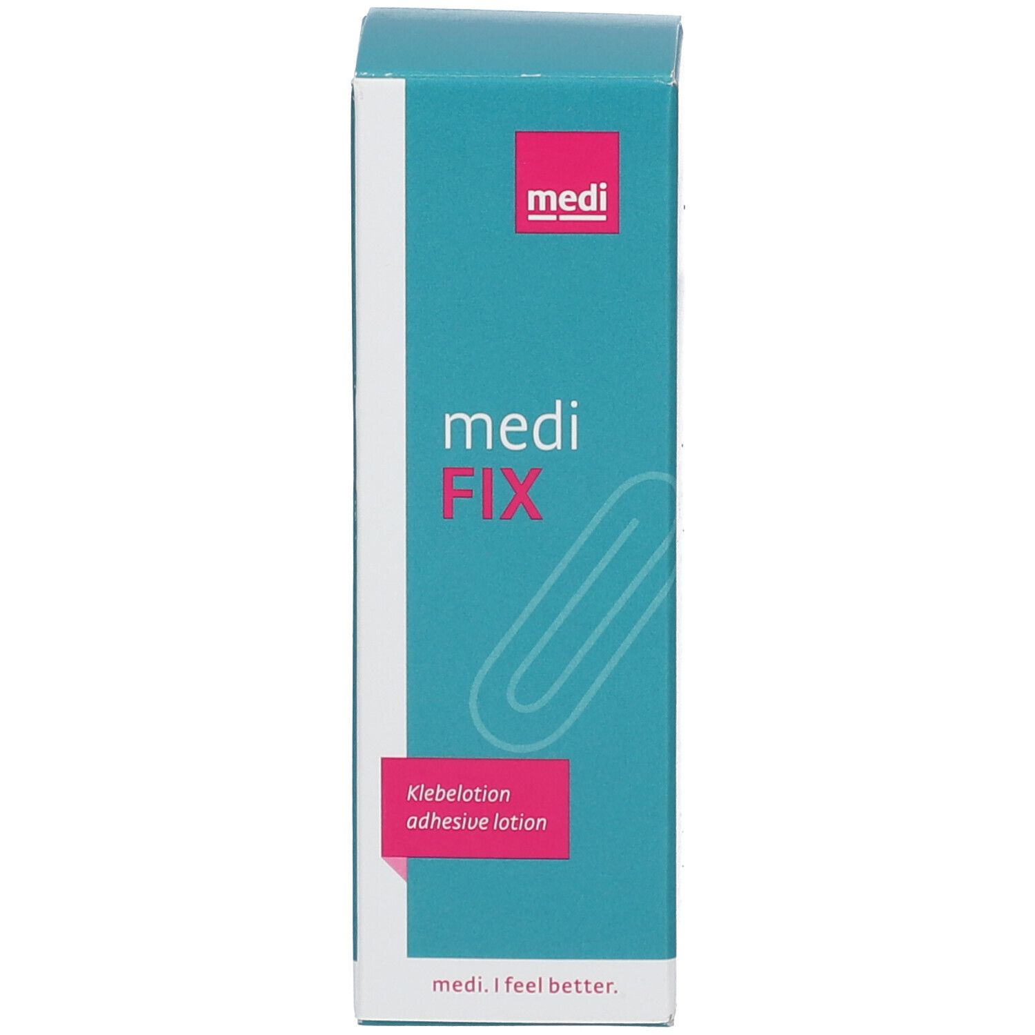 Blauwe productverpakking. Opschrift: medi FIX Klebelotion. Met roll-on applicator. Merk medi.