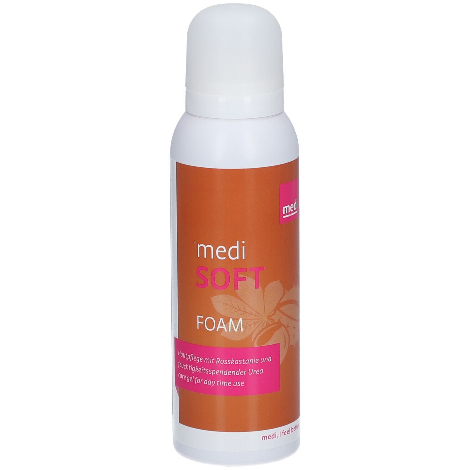 Flacon blanc avec étiquette orange. Inscription: medi SOFT FOAM. Zone rose avec texte.