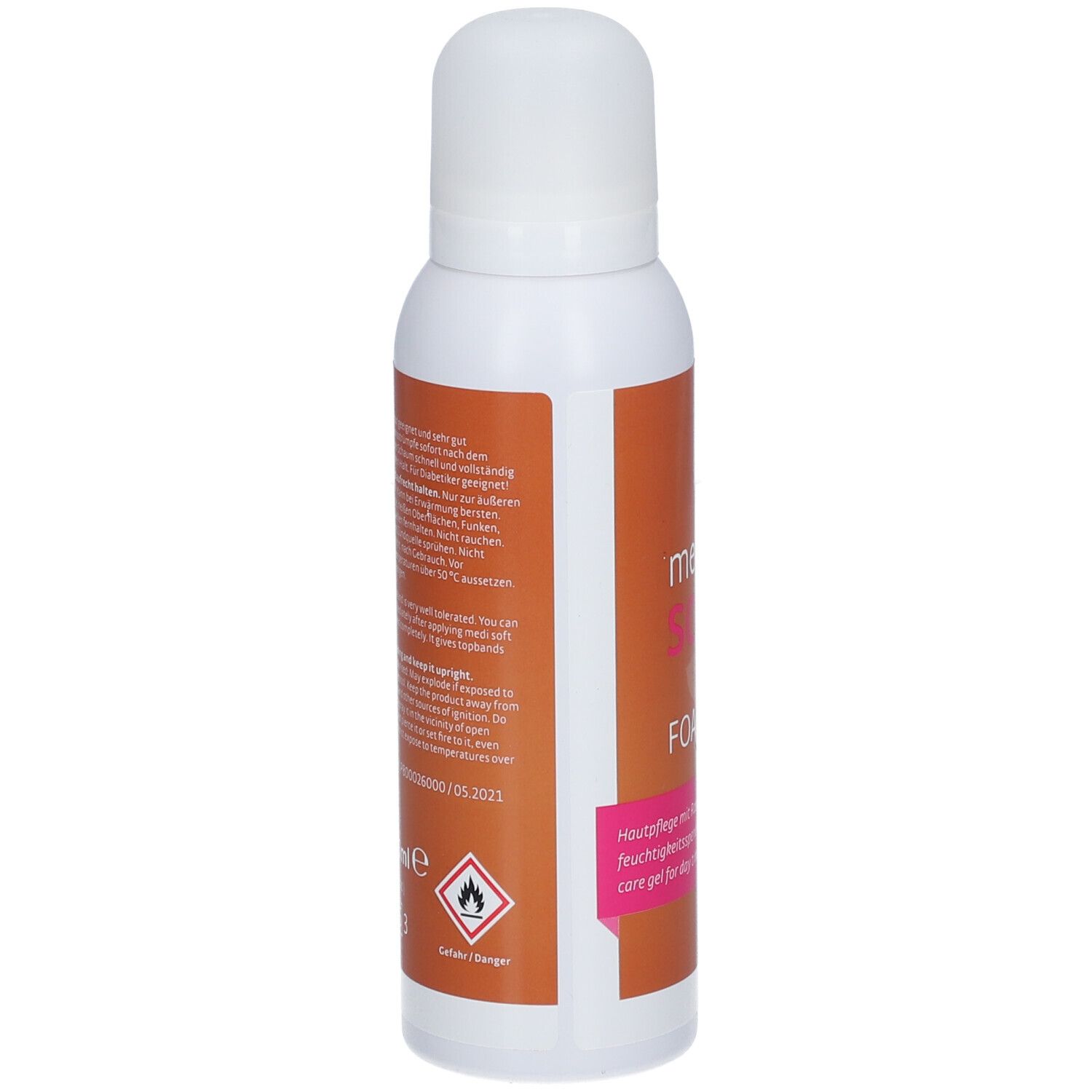 Flacon blanc avec étiquette orange. Texte et symboles sur l'étiquette.