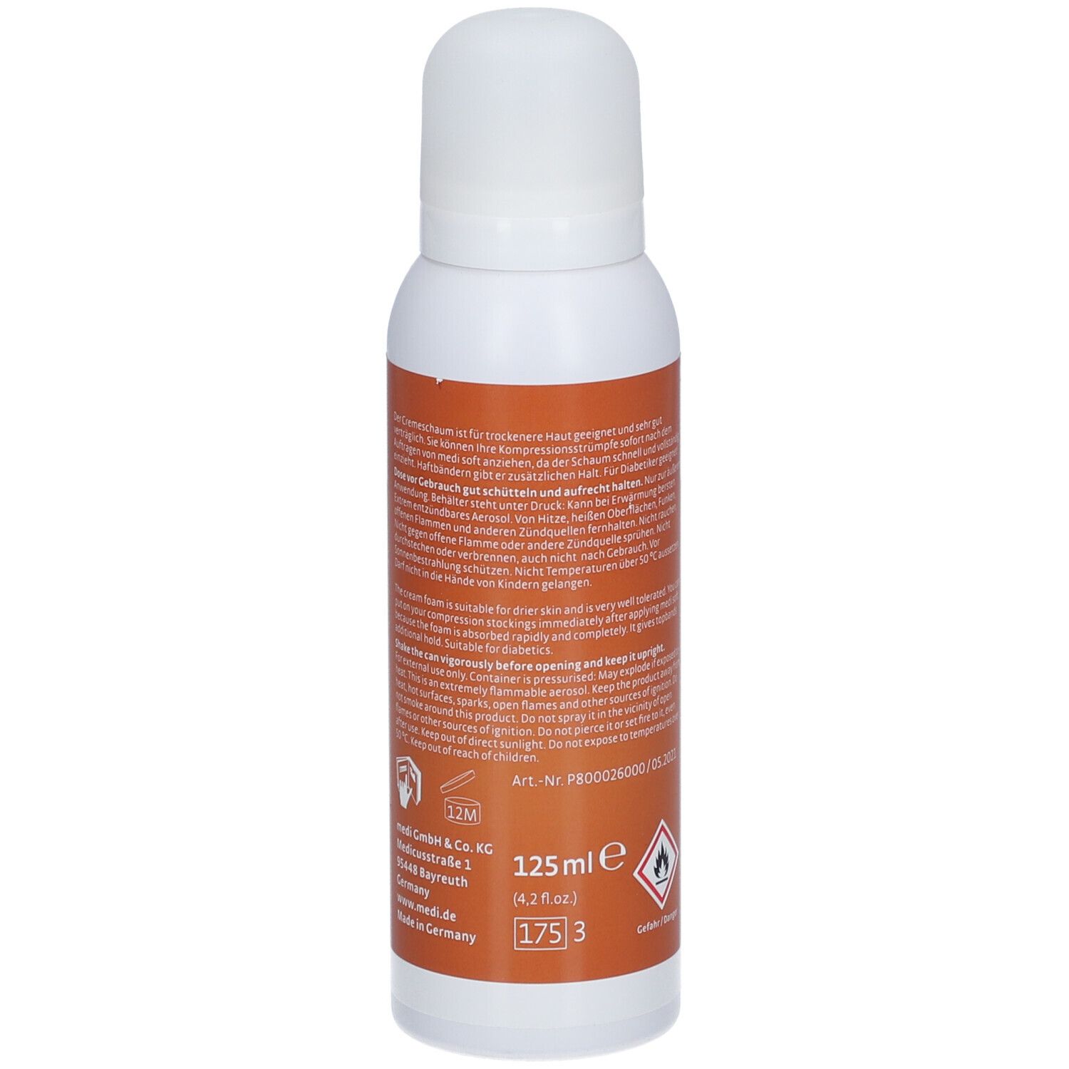 Flacon blanc avec étiquette orange. Inscription: 125 ml. Symboles d'avertissement.