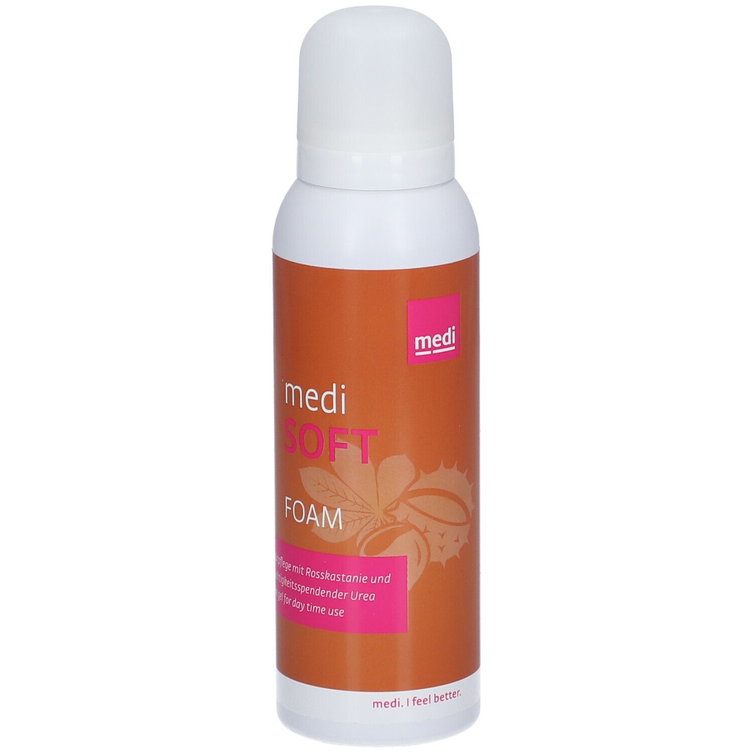 Flacon blanc avec étiquette orange. Inscription: medi SOFT FOAM. Zone rose avec texte.