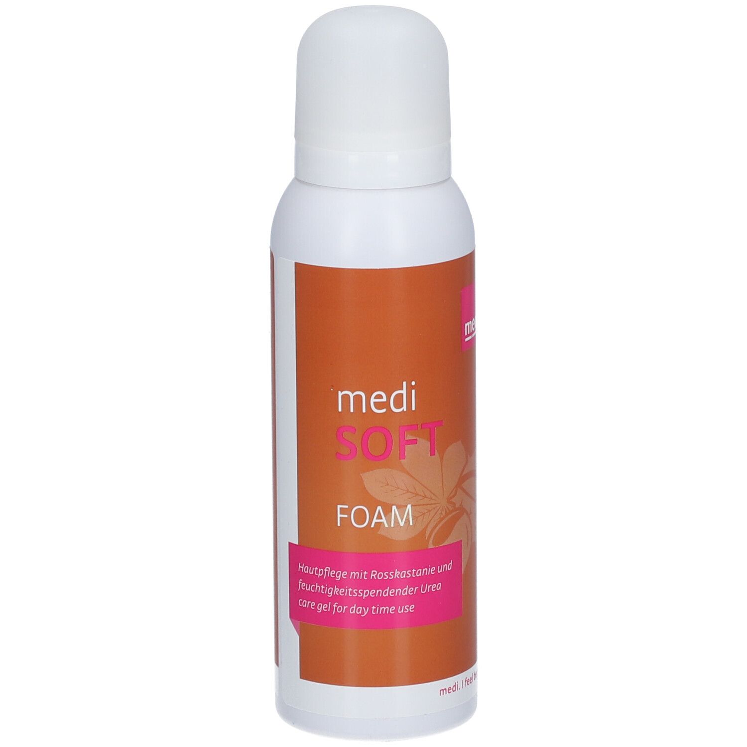 Flacon blanc avec étiquette orange. Inscription: medi SOFT FOAM. Zone rose avec texte.