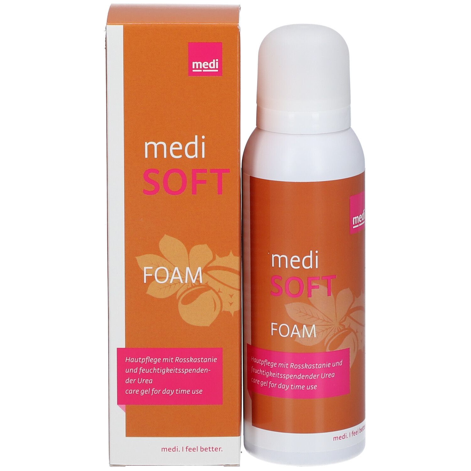 Emballage et flacon du produit. Boîte orange et flacon pulvérisateur blanc. Inscription: medi SOFT.