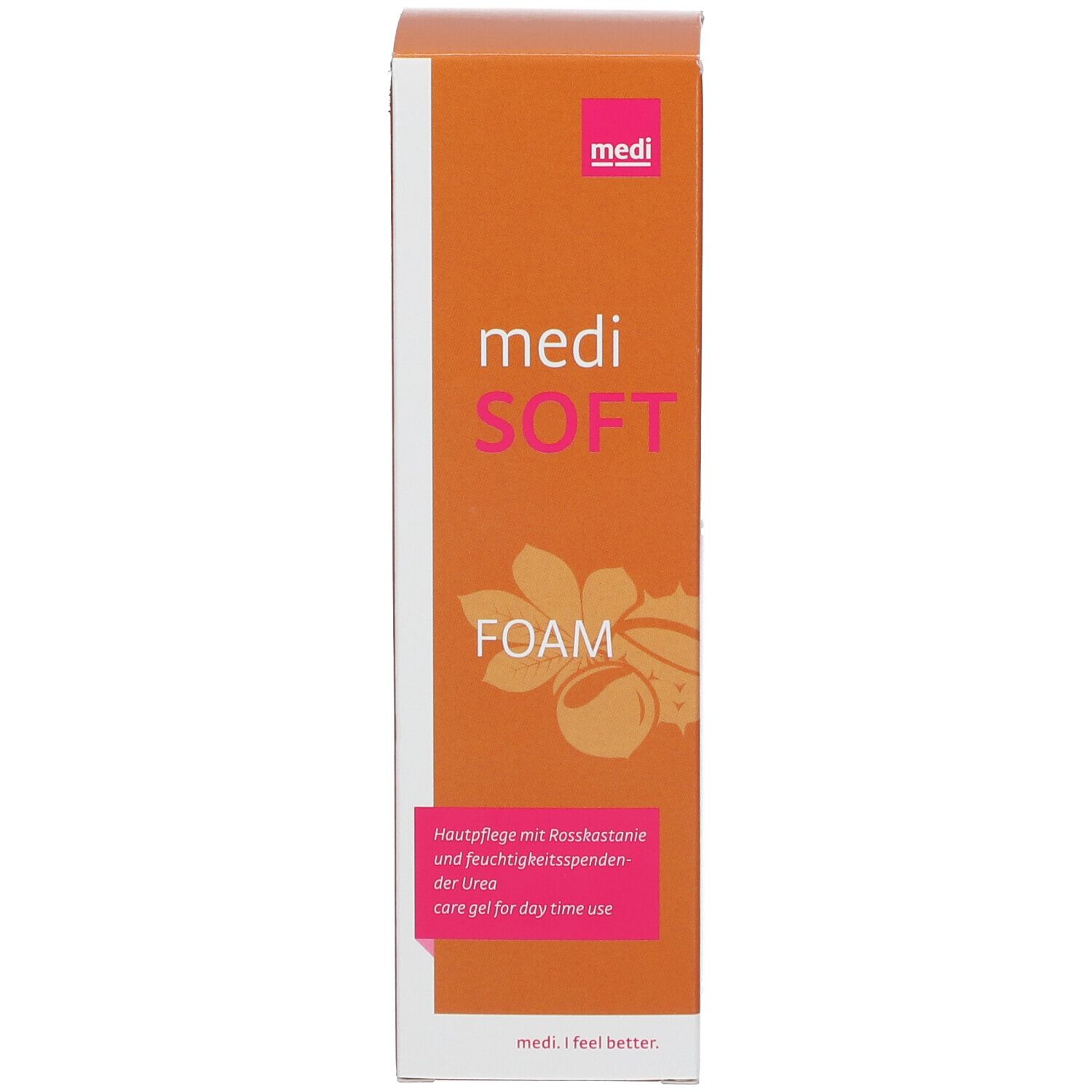 Emballage du produit orange. Inscription: medi SOFT FOAM. Zone rose avec texte.