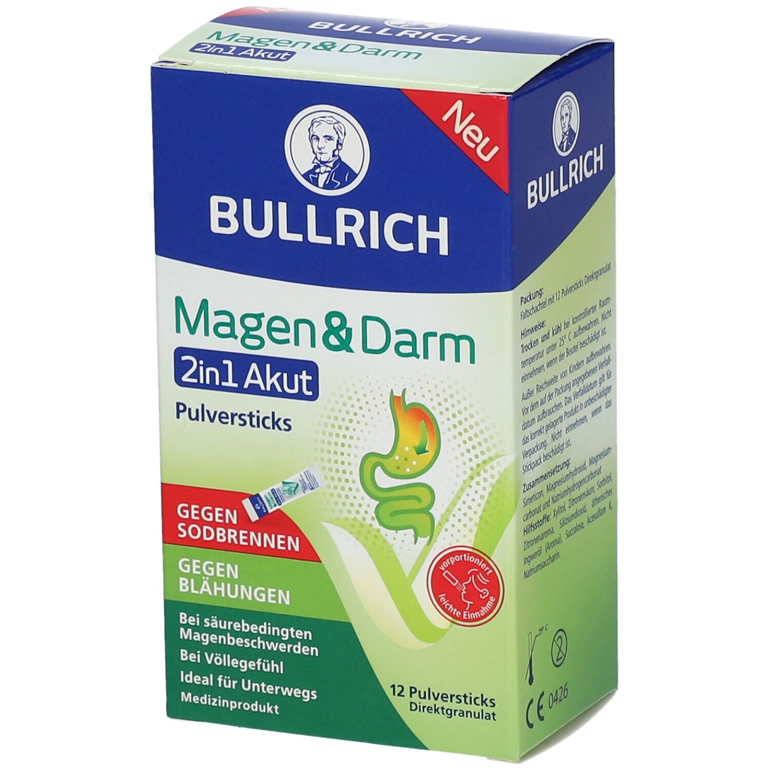 Boîte bleue et blanche "Bullrich Magen & Darm 2in1 Akut". Illustration de l'estomac et des intestins. Texte: Contre les brûlures d'estomac, ballonnements.