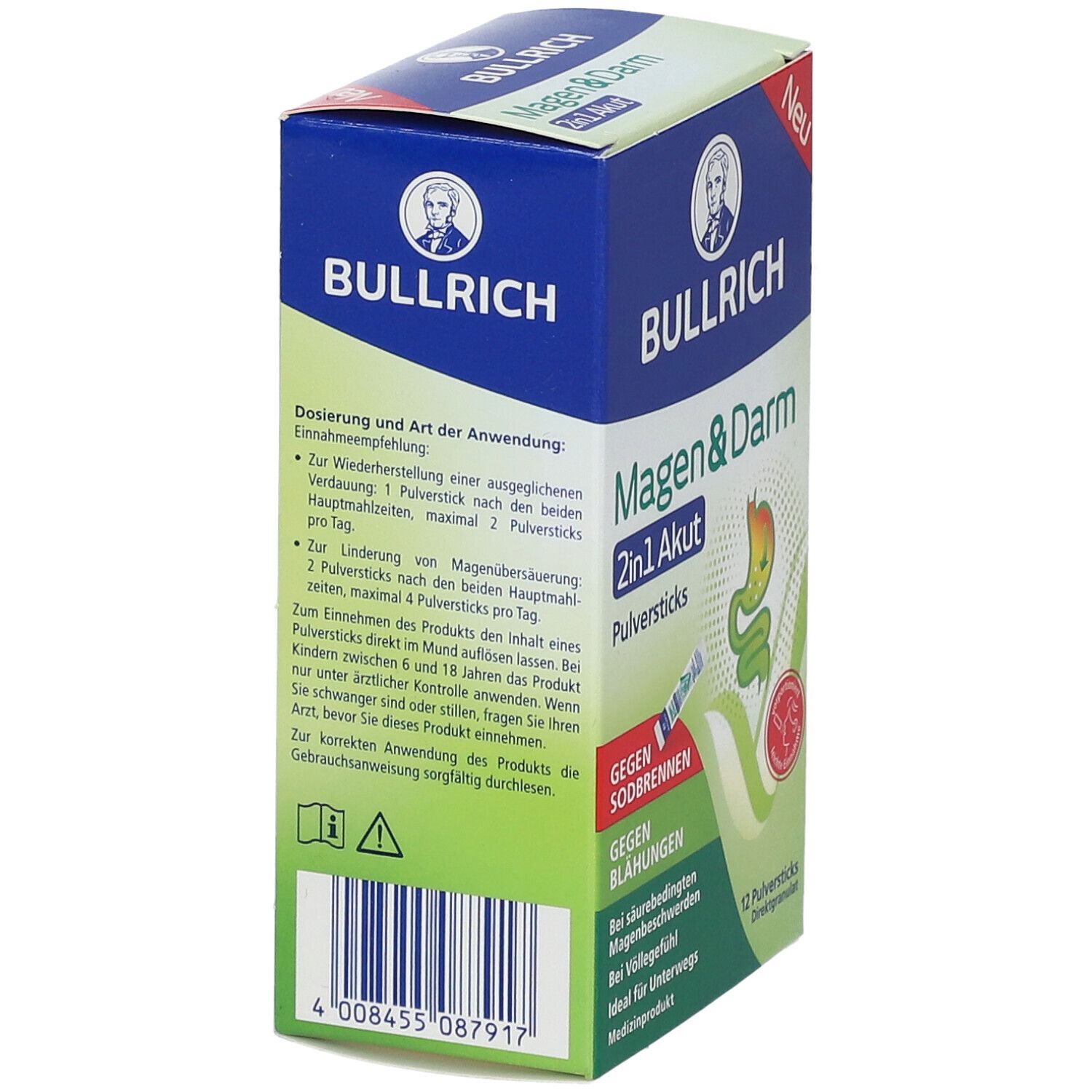 Vue latérale de l'emballage "Bullrich Magen & Darm 2in1 Akut". Texte: Dosage et mode d'emploi. Code-barres et marquage CE.