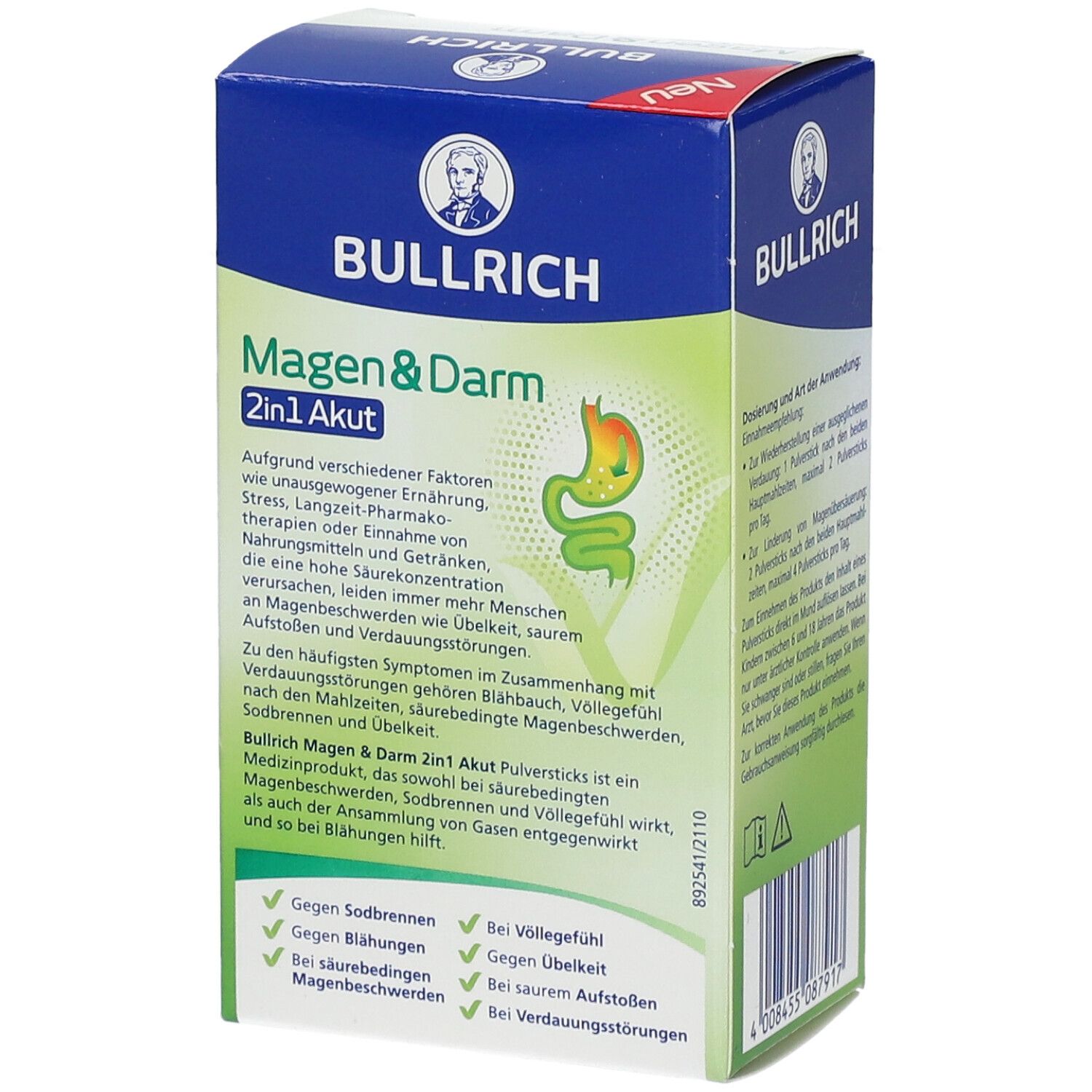 Dos de l'emballage "Bullrich Magen & Darm 2in1 Akut". Texte: Informations sur les symptômes et les ingrédients. Liste des avantages.