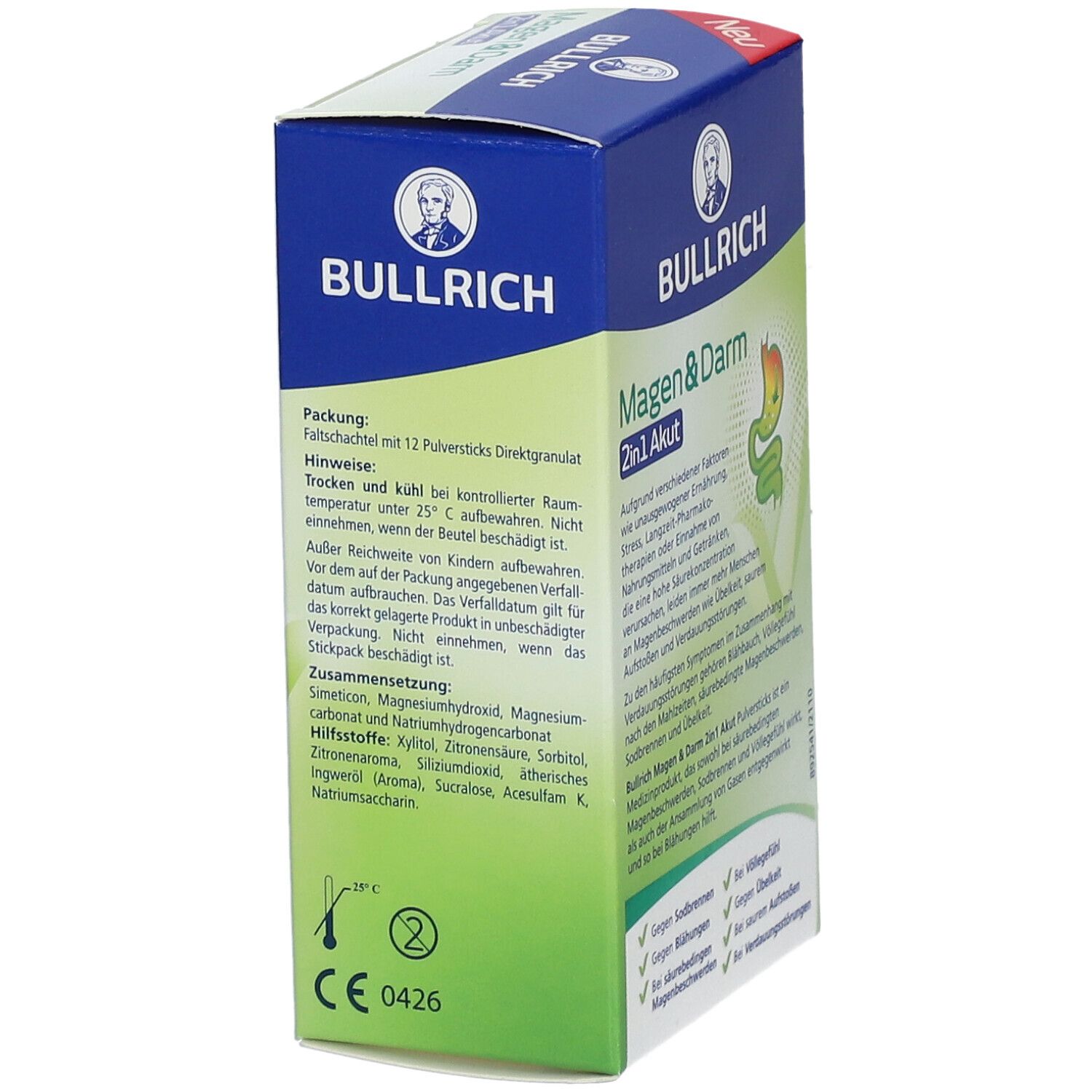 Boîte "Bullrich Magen & Darm 2in1 Akut". Texte: Conseils, contenu de l'emballage, composition. Marquage CE.