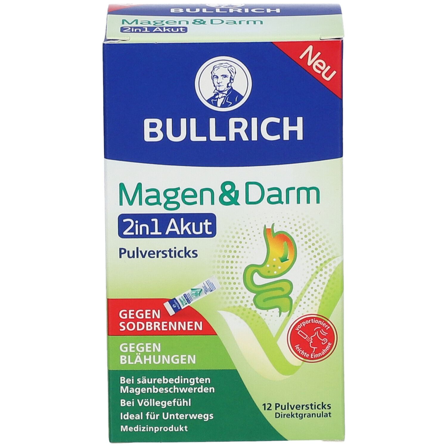 Vue de face de l'emballage "Bullrich Magen & Darm 2in1 Akut". Texte: Contre les brûlures d'estomac, ballonnements. 12 sticks.