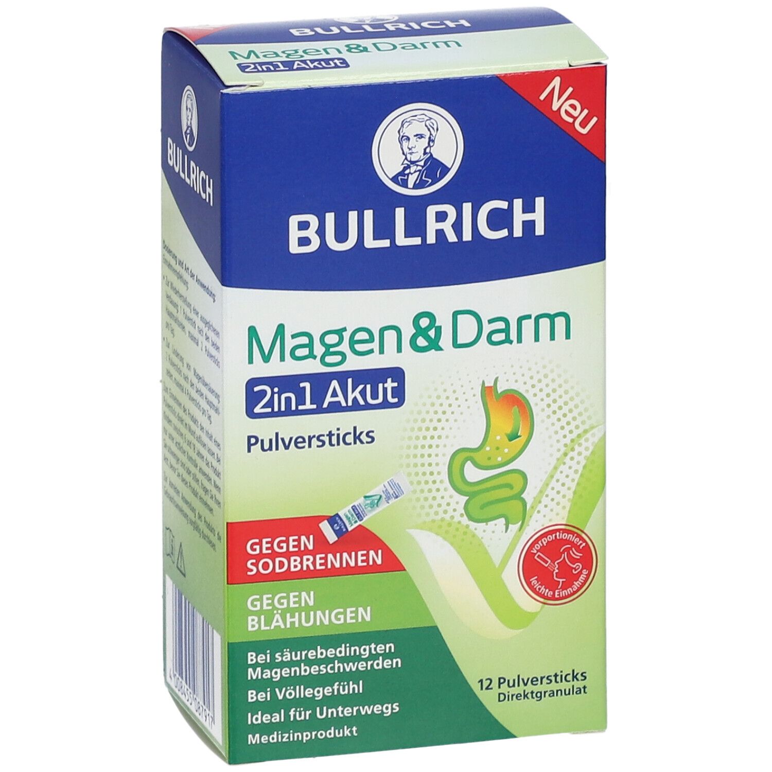 Vue en biais de l'emballage "Bullrich Magen & Darm 2in1 Akut". Texte: Contre les brûlures d'estomac, ballonnements. Illustration.