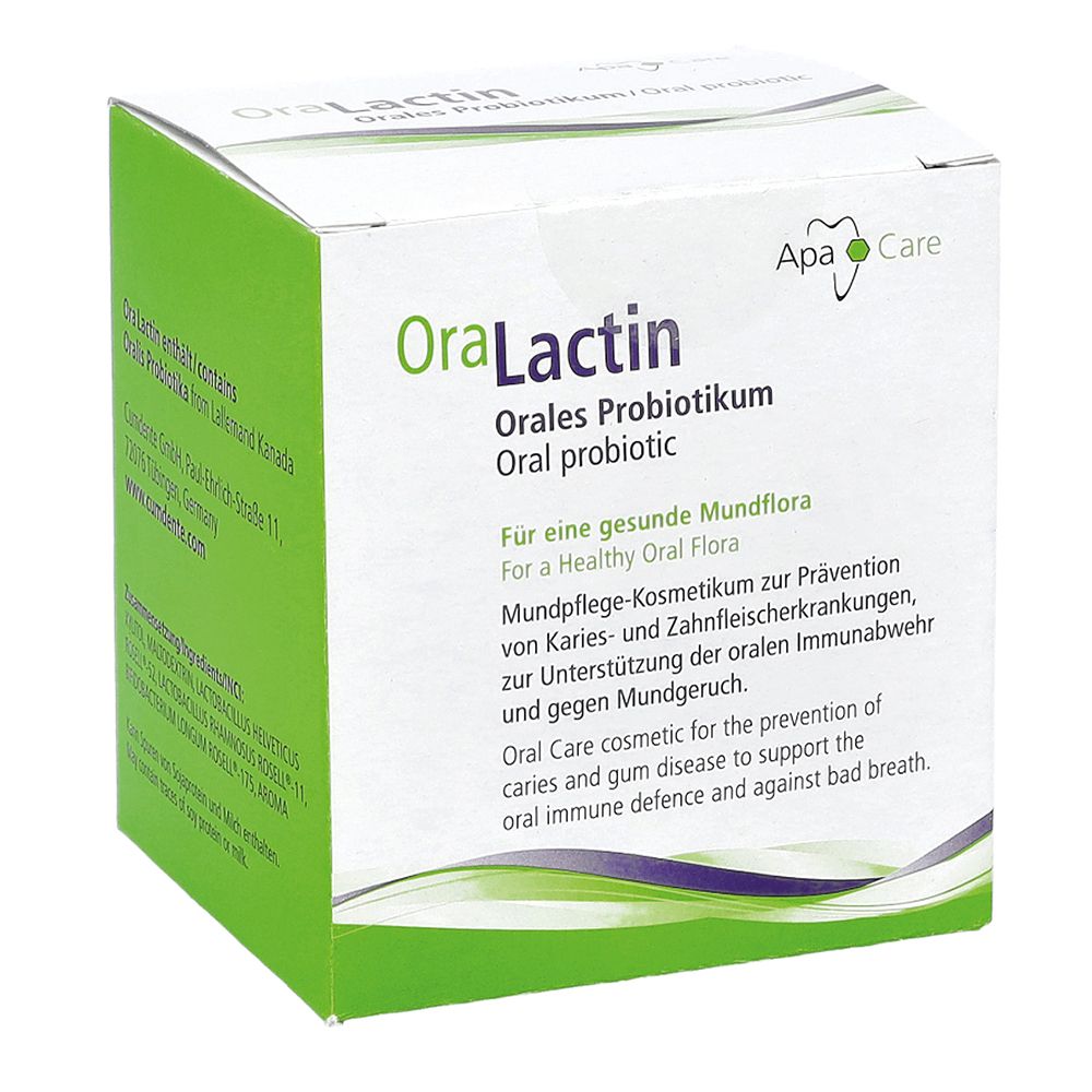 Boîte blanche et verte avec nom et logo du produit. Texte : OraLactin, Orales Probiotikum, Oral probiotic. Pour une flore buccale saine.