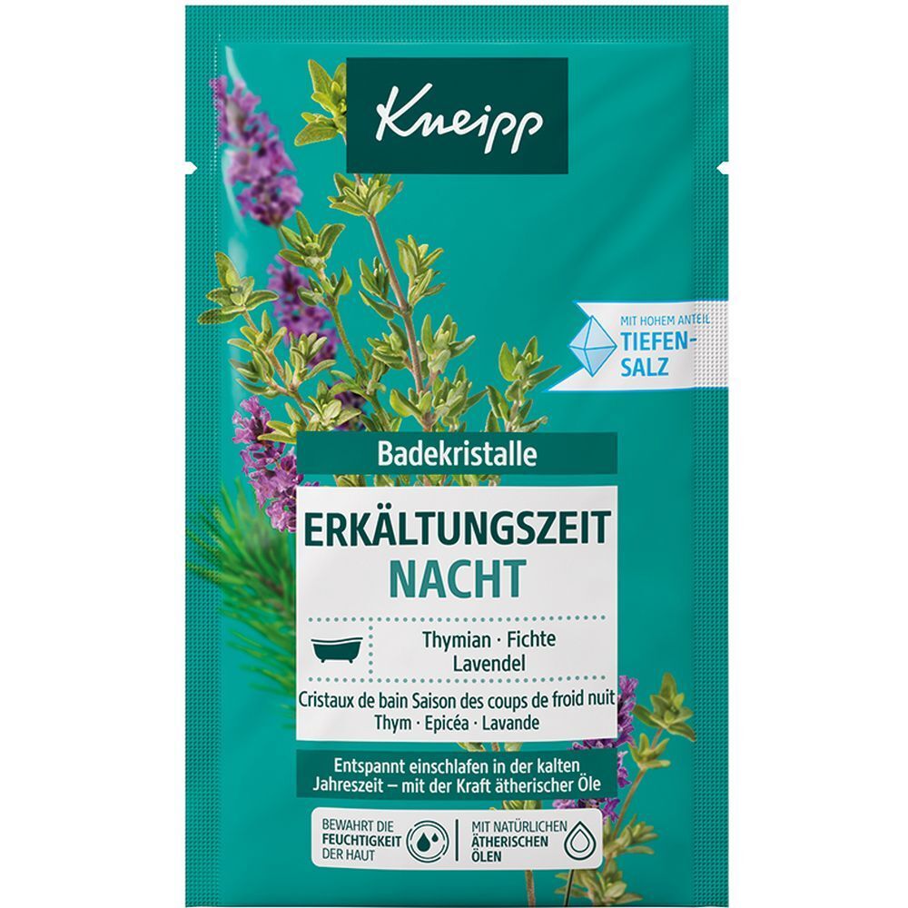 Kneipp® Badekristalle ERKÄLTUNGSZEIT NACHT. Turquoise verpakking met productnaam en kruidenillustraties. Bevat diepzeezout.