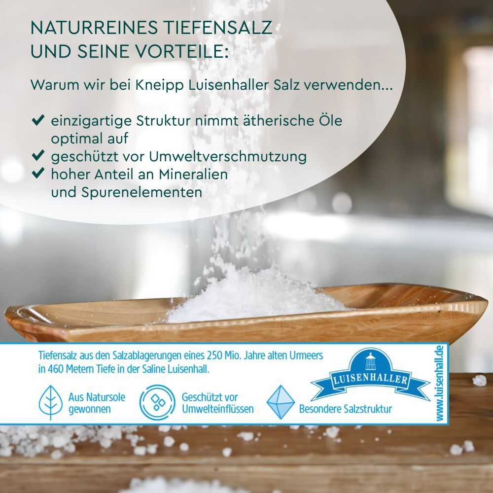 Wit zout wordt in een houten kom gegoten. Tekst: Puur zeezout en de voordelen ervan. Logo: Luisenhaller.